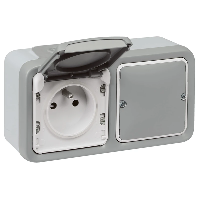 Plexo Connected Socket (IP55) with Netatmo (Measurement, Consumption Monitoring, Sending Notifications) - Complete Housing for Surface Mounting with Earth Socket 16a - Grey - 199271 - Legrand