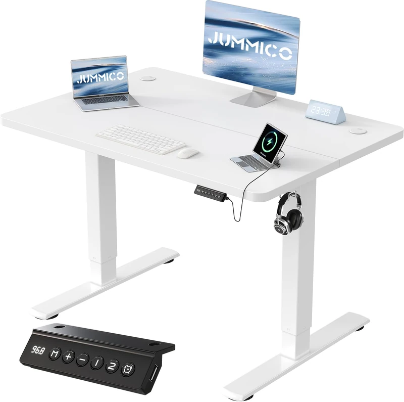 JUMMICO 100x60cm Electric Standing Desk with USB Charging Height Adjustable Desk with Sedentary Reminder Stand Up Desk with Splice Board for Home Office,White