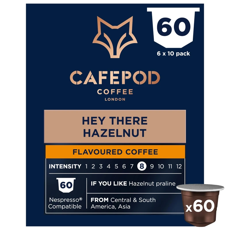 CafePod Flavoured Espresso Coffee Pods - Compatible with Nespresso Coffee Machine, Intensity 8, Delightfully Nutty, Smooth and Sweet - Rainforest Alliance Sourced - Hey There Hazelnut 60 Capsules