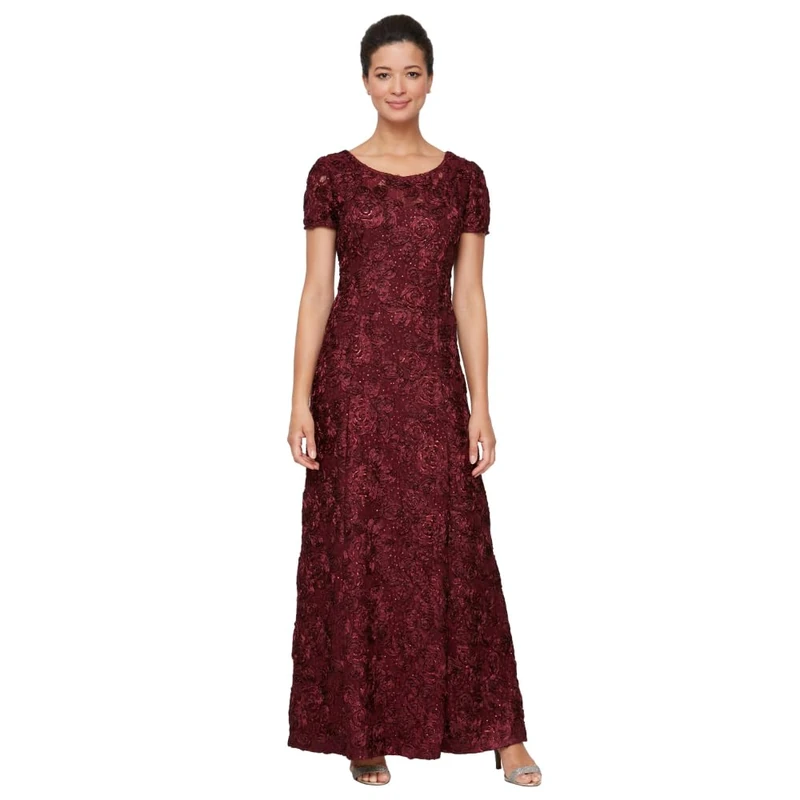 Alex Evenings Women's Long Rosette Mother of The Bride Dress with Short Sleeves, Wedding Guest (Petite and Regular Sizes) Special Occasion, Merlot, 20