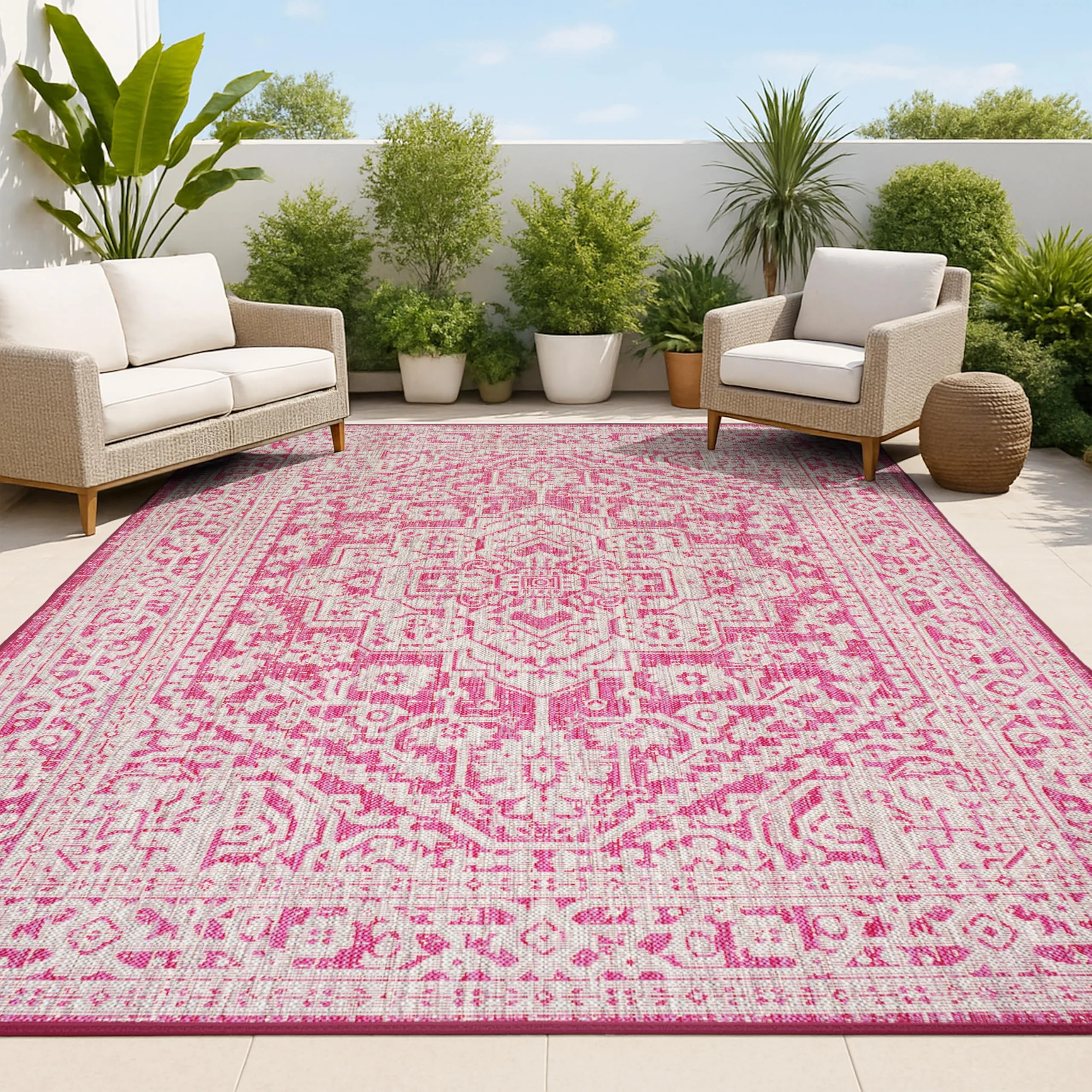 JONATHAN Y SMB101G-8 Sinjuri Medallion Textured Weave Indoor Outdoor Area Rug, Coastal, Traditional, Transitional Easy Cleaning,Bedroom,Kitchen,Backyard,Patio,Non Shedding, Fuchsia/Light Gray, 8 X 10