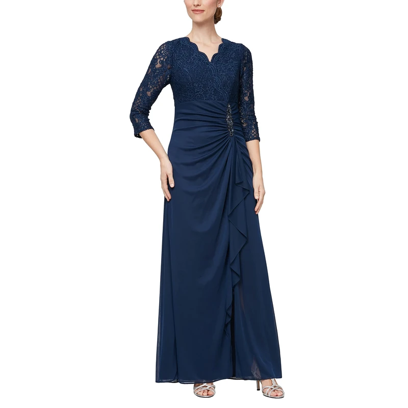 Alex Evenings Women's Long Top Empire Waist Dress Special Occasion, Navy Lace Petite, 16