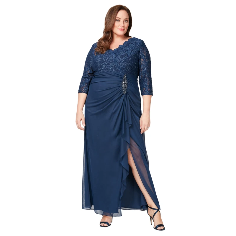Alex Evenings Women's Long Top Empire Waist Dress Special Occasion, Navy Lace Plus, 24