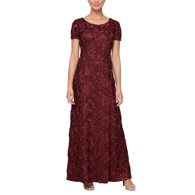 Alex Evenings Women's Long Rosette Mother of The Bride Dress with Short Sleeves, Wedding Guest (Petite and Regular Sizes), Merlot, 14