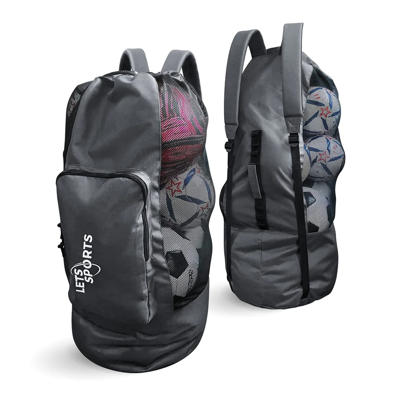 Lets Sports Soccer Ball Bag for Basketball, Volleyball & Football | Large Drawstring Ball Bags Mesh | Heavy-Duty Soccer Ball Bags for Coaches | Equipment Bag w/Shoulder Strap | 37" x 17" - Grey Black