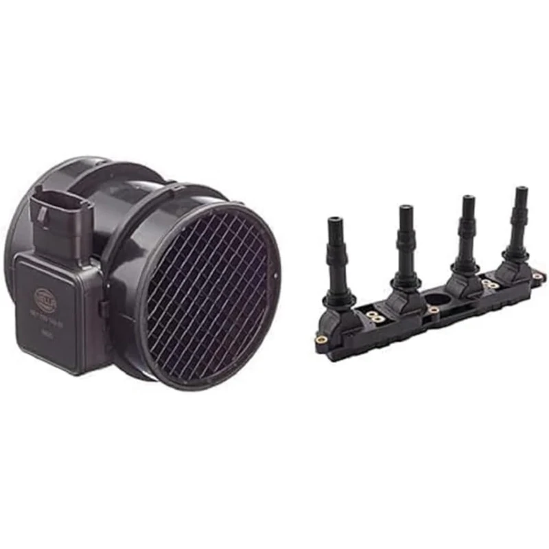 HELLA 8ET 009 142-031 Air Mass Sensor - 4-pin connector - Pipe-neck + 5DA 358 000-041 Ignition Coil - 12V - 5-pin connector - Block Ignition Coil - Bolted