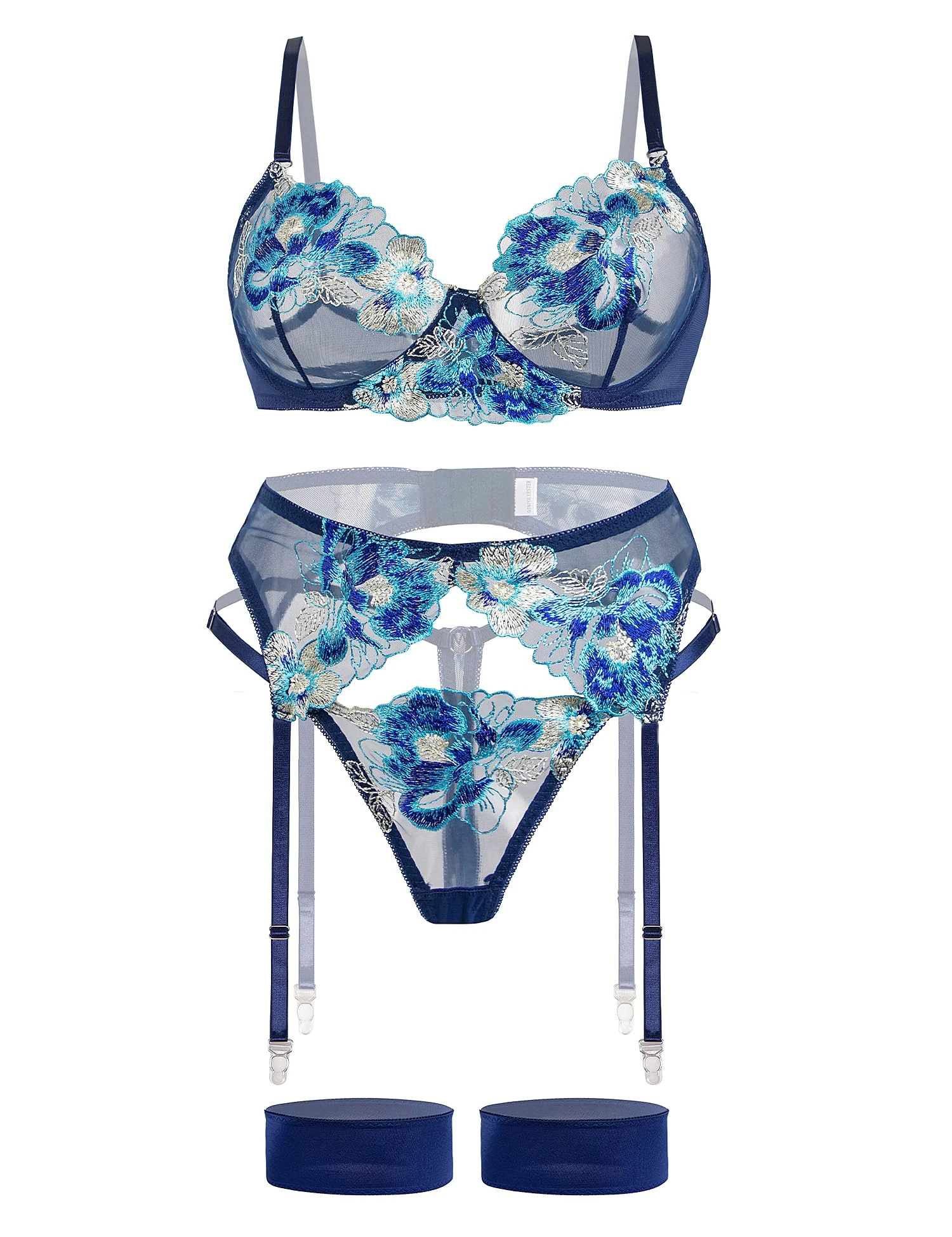 Aranmei Sexy Lingerie Set for Women 4 Piece Lingerie Set with Floral Embroidered Lace Sheer Underwire Bra with G-String Thigh Bands with Garter Belt, Blue M