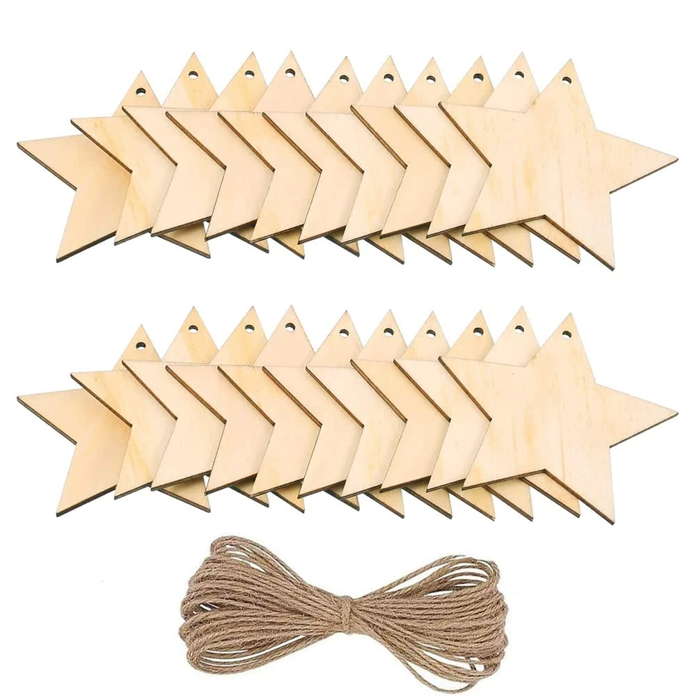 20 Pieces Natural Wooden Star Shape Wooden Star Wood Pieces Wooden Ornament, Wood Log Slices for House Garden Home DIY Art Craft Christmas Tree Party Decoration
