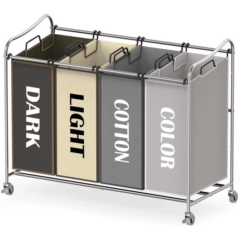 Simple Houseware 4-Bag Heavy Duty Laundry Sorter Rolling Cart, Silver/Assorted Bags