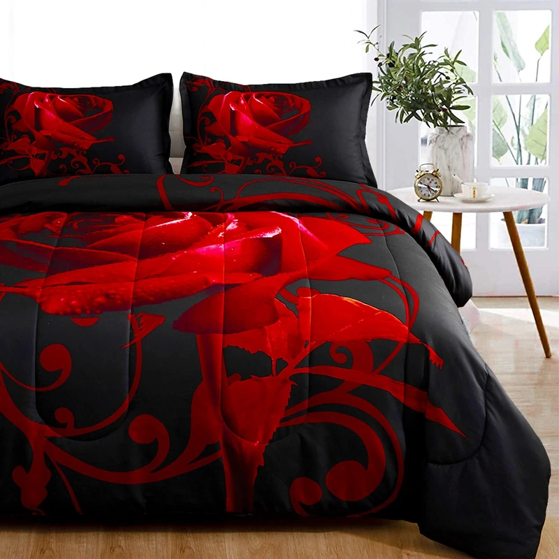 WONGS BEDDING Red Comforter Set King, Reversible Red Rose Pattern Printed Bedding Down Comforter with 2 Pillowcases for All Seasons, Soft Microfiber Lightweight Bedding Set 103"x90"