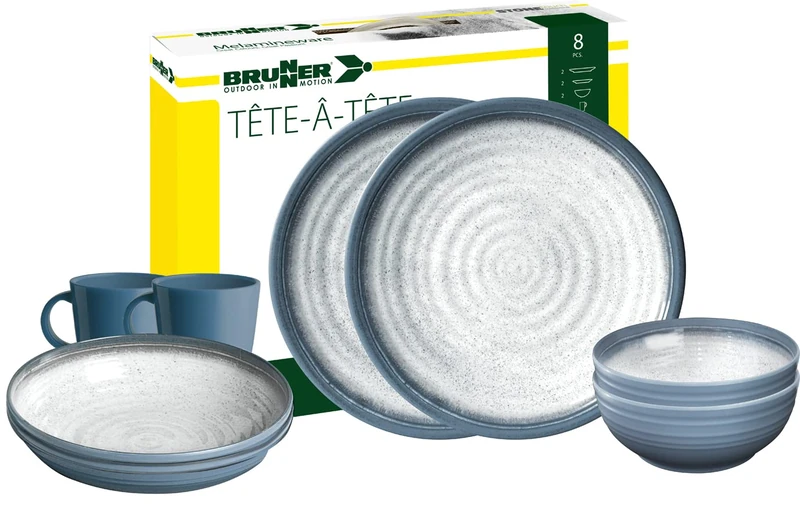 Brunner Stonetouch Melamine Caravan Dinner Set, Anti Slip Outdoor Tableware Set, Lightweight Break Resistant Plates Bowls & Mugs - Camping, Motorhome, Picnic Dining Set (Tuscany, 8 Piece Set)