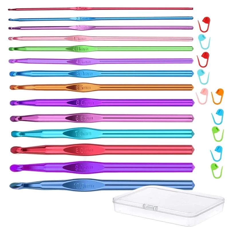 YINVA 14-Piece Aluminum Crochet Hook Set - 2.0mm to 10.0mm with Case