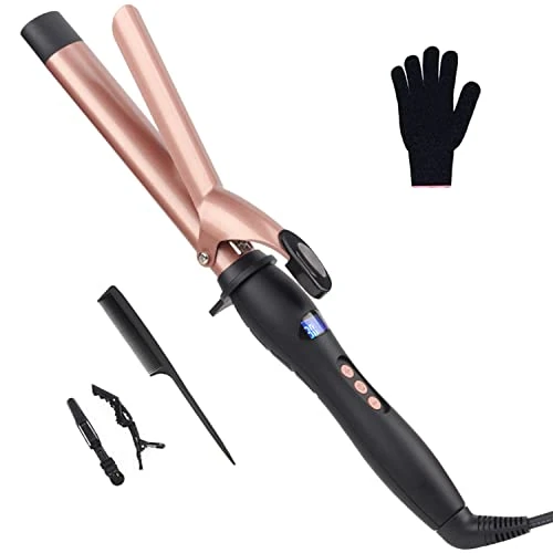 Curling Wand Curling Tongs, Large Barrel Curling Iron with Adjustable Temperature, Professional Hair Curler with Glove, Dual Voltage, for Long & Medium Hair (32MM)