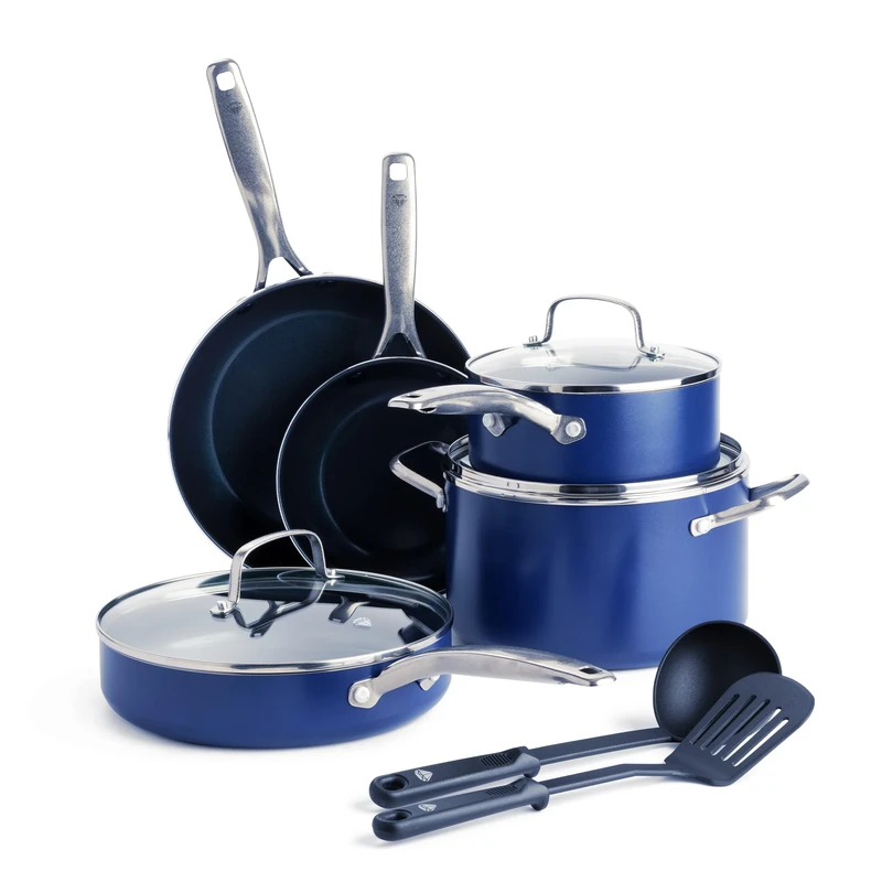 Blue Diamond Cookware Diamond Infused Ceramic Nonstick 10-Piece Cookware Pots and Pans Set, PFAS-Free,Oven Safe, Blue