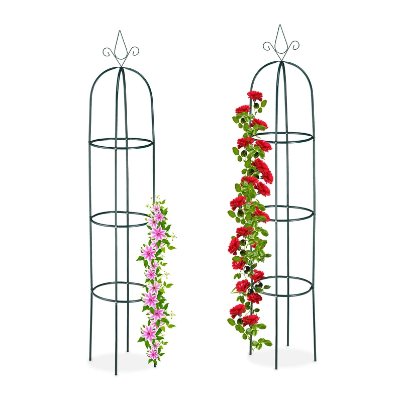 Relaxdays Set of 2 Garden Obelisks, 200cm Tall, Support for Climbing Plants, Metal, Free-Standing, Rose Cage, Dark Green