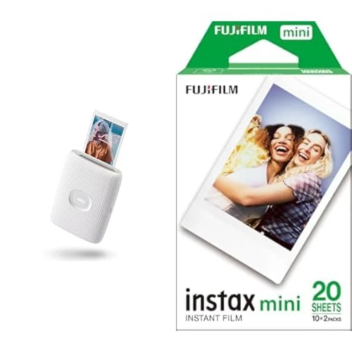 instax mini LINK2 mini film format portable smartphone instant photo printer, multiple templates, Clay White & Fujifilm mini instant film White Border, 20 shot Pack