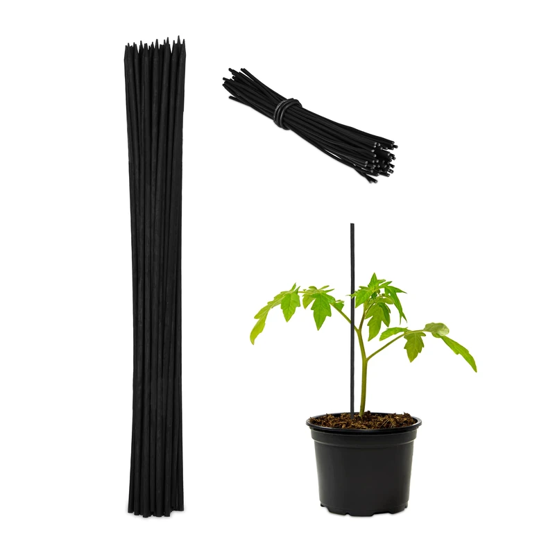 Relaxdays Set of 50 Plant Support Sticks, Bamboo, 30 x 0.5 cm, Climbing Aid for Young Plants, with Binding Wires, Black