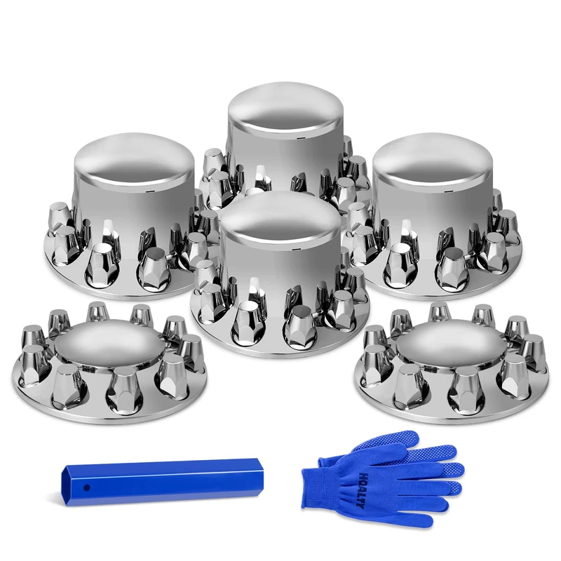 HQALTY 33mm Axle Cover Chrome Dome Combo Kit Thread-On Lug Nut Covers with 2 Front and 4 Rear Axle Wheel Covers Removable Hub Caps for Semi Truck (Installation Tool Included)