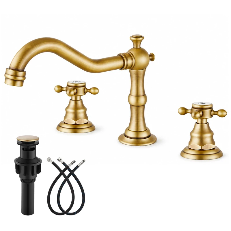gotonovo Antique Brass 3 Hole Two-Handle Bathroom Sink Faucet Widespread Double Cross Knobs Mixing Tap Deck Mount with Pop Up Drain