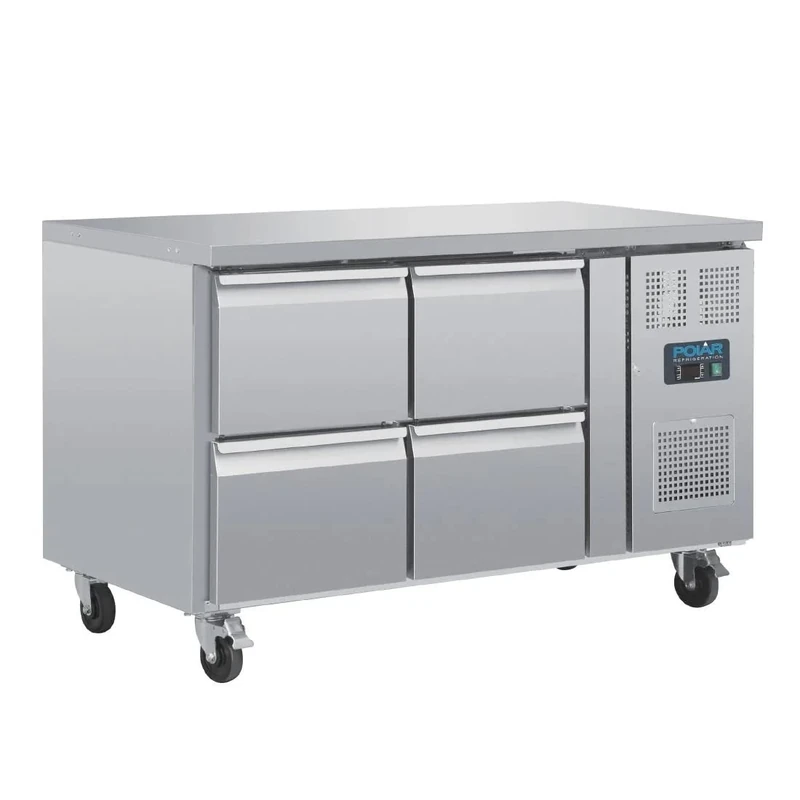 Polar Refrigeration U-Series 300W 4 Drawer Gastronorm Counter Fridge, Stainless Steel, Capacity: 4x 1/1 GN, -2°C to 8°C, 860(H) x 1360(W) x 700(D)mm, Energy Rating B, Lockable Castors, DA547