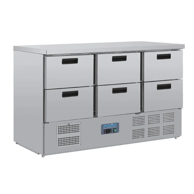 Polar Refrigeration G-Series 235W Six Drawer Counter Chiller Fridge, Stainless Steel, 2°C to 5°C, 870(H)x1370(W)x700(D)mm, 6x 1/1 Gastronorm Capacity Draws, Energy Rating D | CR711