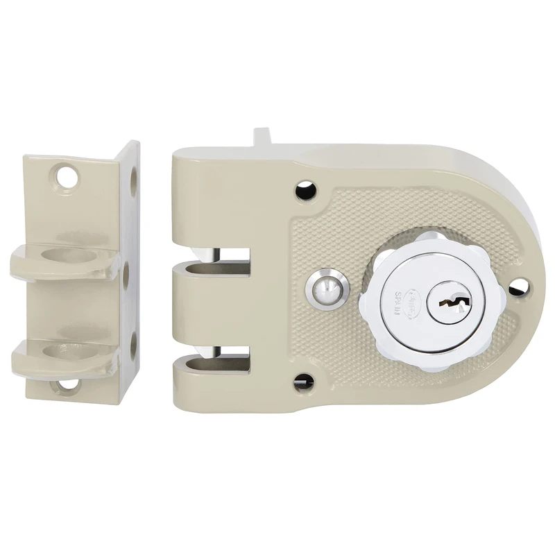 Amig - Left Surge Lock with Locking Lever, Tongue and Handle for Wooden Doors Model 1396 | 60 mm | Bolt with Internal and External Cylinder | Beige Steel