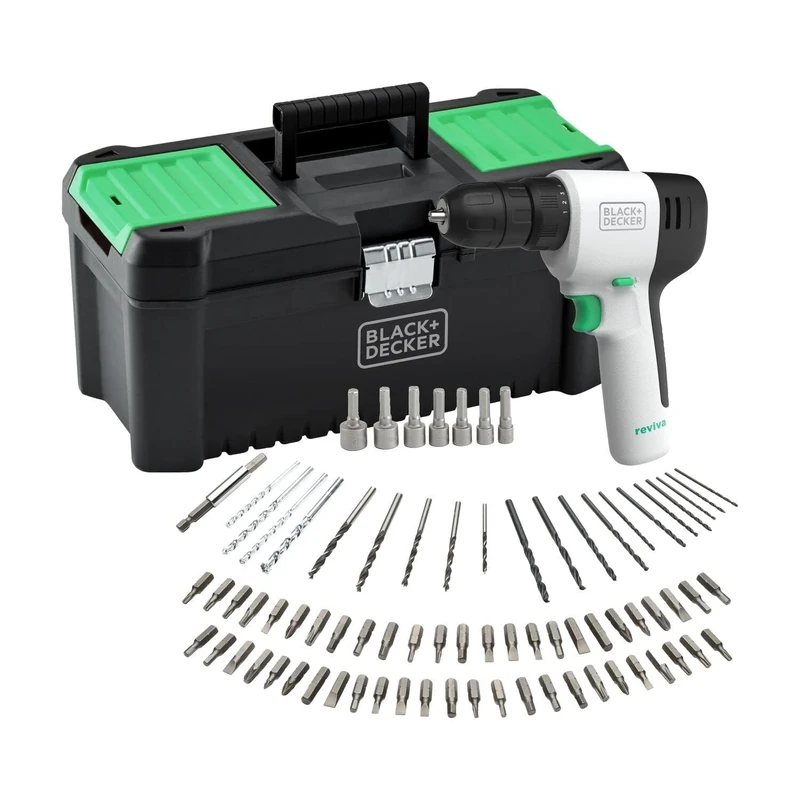 Black & Decker Reviva Drill Kit 12V with 80 PC Accessories 12.5 Storage Eco Toolbox REVDD12ASTB-GB
