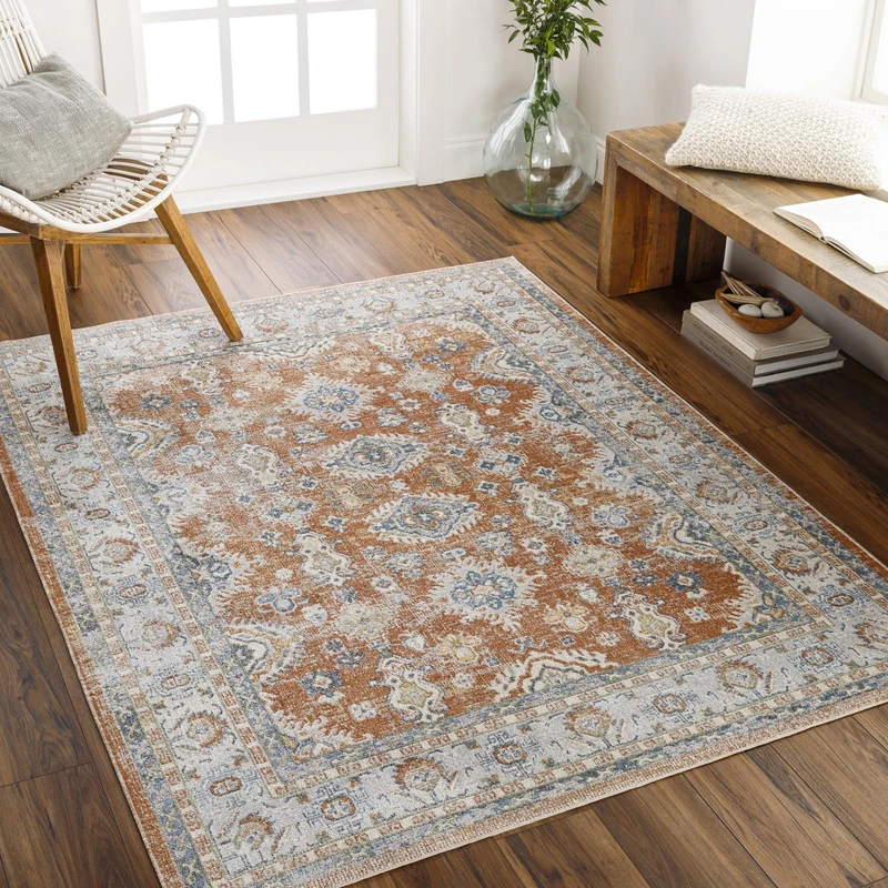Livabliss Tazoult Machine Washable - Vintage Area, Living Room, Large 160x213 cm - Traditional Boho Style, Dining Room, Kitchen, Outdoor, Hallway - Rust, Blue, Beige