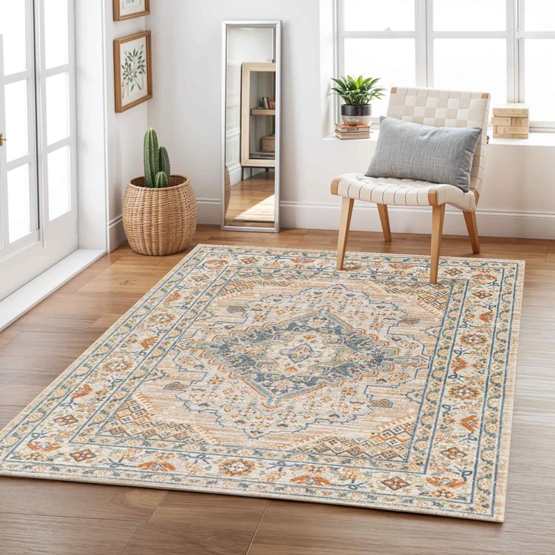 Livabliss Manama Machine Washable – Vintage Boho Design for Living Room 200x275 cm, Dining, Kitchen, Outdoor or Hallway – Beige, Blue & Dark Orange