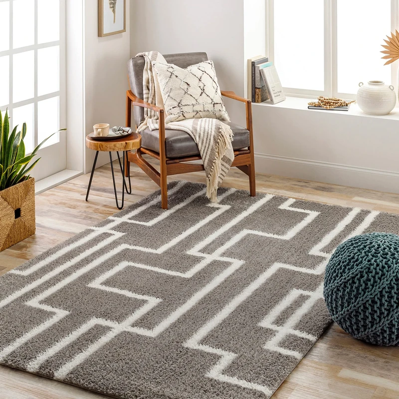 Livabliss Alor Shaggy Rug - Modern Berber Rugs Living Room, Large 160x213 cm, Soft Shaggy Rugs for Bedroom - Neutral Boho Fluffy Rug, Easy Care Plush Thick Pile - Dark Grey and White