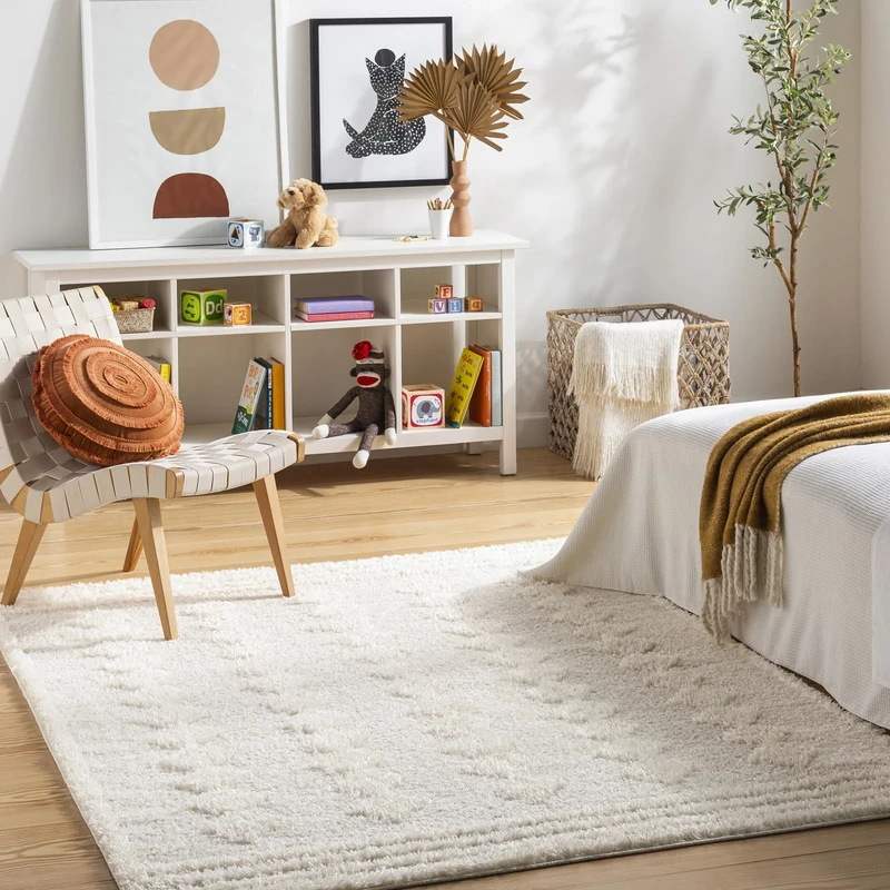 Livabliss Libez Shaggy Rug - Modern Berber Rugs Living Room, Large 200x275 cm, Soft Shaggy Rugs for Bedroom - Neutral Boho Fluffy Rug, Easy Care Plush Thick Pile - Beige and White