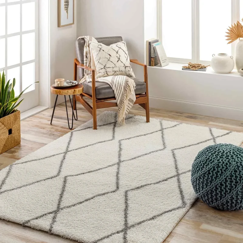 Livabliss Dirbi Shaggy Rug - Modern Berber Rugs Living Room, Large 160x213 cm, Soft Shaggy Rugs for Bedroom - Neutral Boho Fluffy Rug, Easy Care Plush Thick Pile - Off-White, Grey