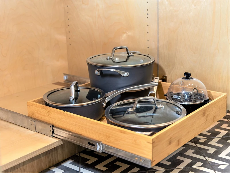 Pull Out Cabinet Drawer Organizer, Sliding Bamboo Wood Storage Rack Organization, Gliding Cupboard Shelf for Kitchen, Pantry, Slide Out Spice Rack Container Lid Organizer with Dividers, 20.5''W x