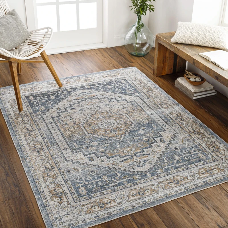 Livabliss Sitra Machine Washable - Vintage Area Living Room, Large 160x213 cm - Traditional Boho Style, Dining Room, Kitchen, Outdoor, Hallway - Blue, Beige, Off white and Grey