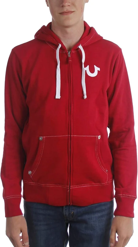 True Religion Men's Buddha Logo Zip Hoodie Sweatshirt, Ruby Red W Black, L