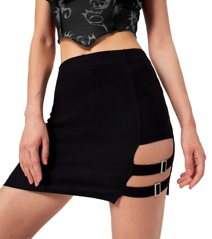 Women's Buckle Club Bodycon Mini Skirt High Waist Sexy Cut Out Stretch Asymmetrical, Black-buckle, XS