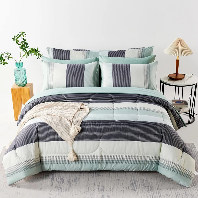 RYNGHIPY Sage Green Striped Comforter Set, Geometric Lightweight Soft Bedding Set, All Season Down Alternative Men Boy Comforter with Sheets Pillowcses (Queen,Sage Green)