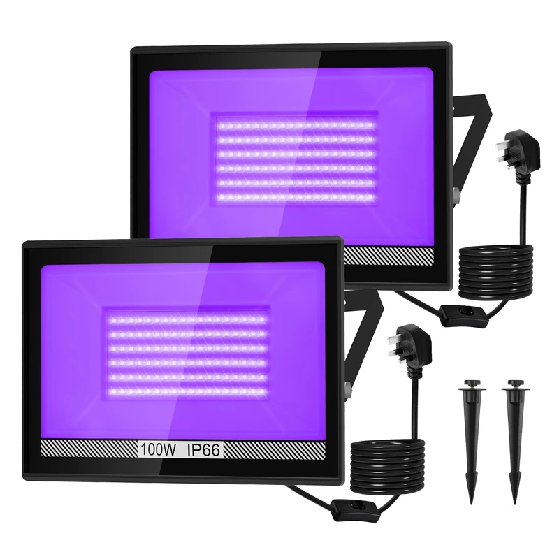 100W UV Black Light, NATPOW UV Lights 395nm Outdoor Ultraviolet Floodlights LED, IP66 Waterproof uv Party Lights Halloween Decoration Lighting for Fluorescent Party, Disco,Bar,Christmas(2 Pack)