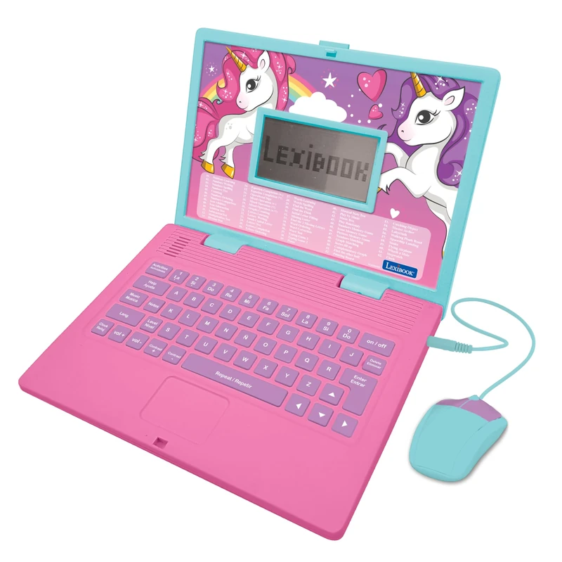 LEXIBOOK, Unicorn, Educational and Bilingual Laptop in ENGLISH/SPANISH, Toy for children with 124 activities to learn, play games and music, Pink, JC598UNIi2