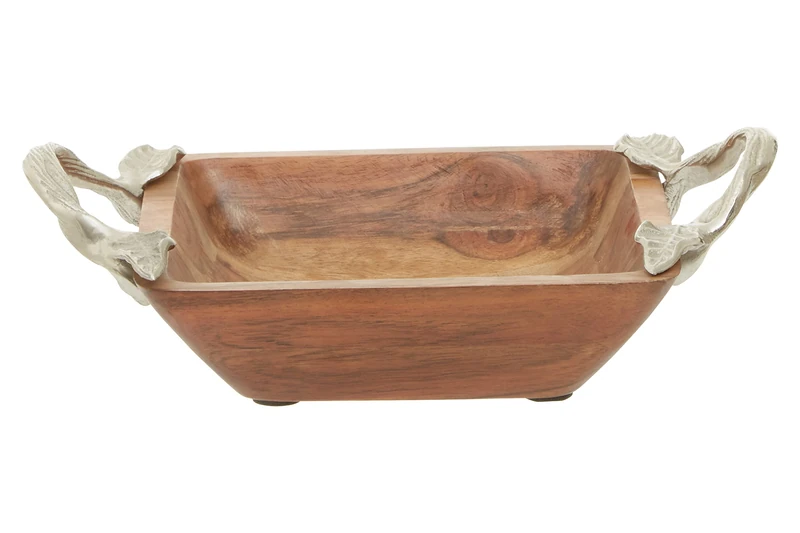 Premier Housewares Vine Acacia Wood Square Dish/Sustainable Acacia Wood/Handcrafted Dish with Subtle Graining/Organic Charm/Aluminum Leaf Handles/Dimensions are W29 x D20 x H9cm/ Weight 0.64