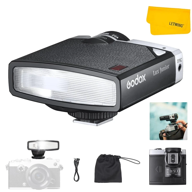 Godox Lux Junior Retro Camera Flash, GN12 6000K±200K On Camera Flash Speedlite, Auto & Manual Modes, Compatible with Fujifilm Canon Nikon Olympus Sony Hot-Shoe Cameras