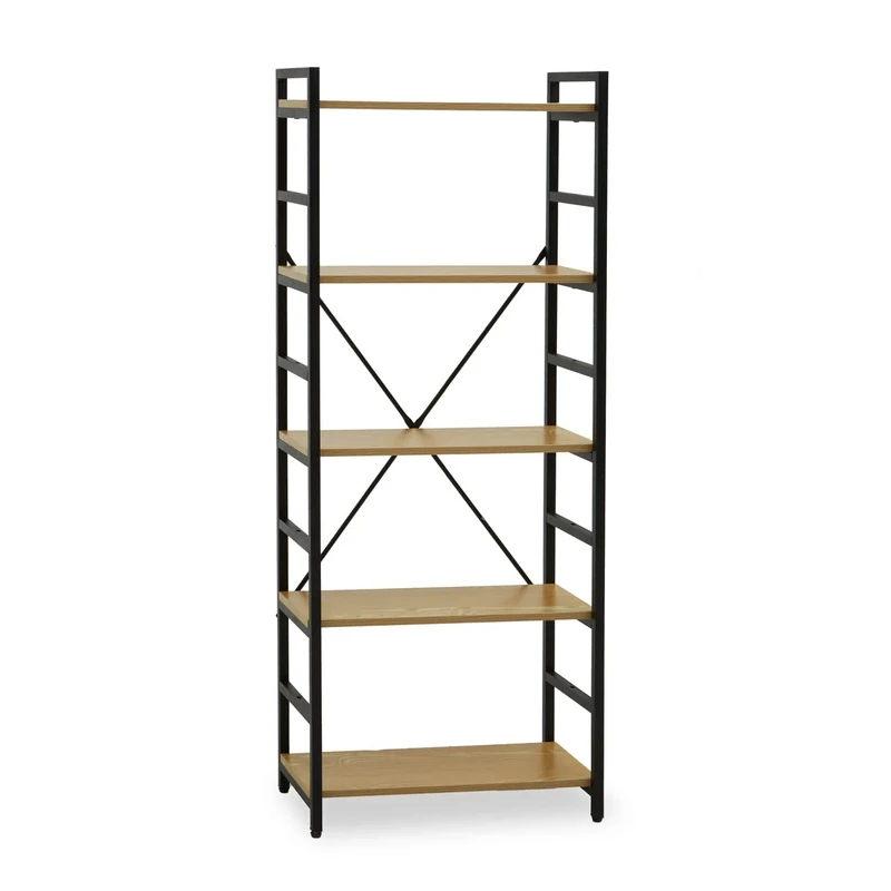 Premier Housewares Functional Cross-Pattern Design 5 Tier Light Yellow Shelf Unit|Bookcase Shelving With Black Metal Frame For Organizing Essentials|Compact Storage For Books