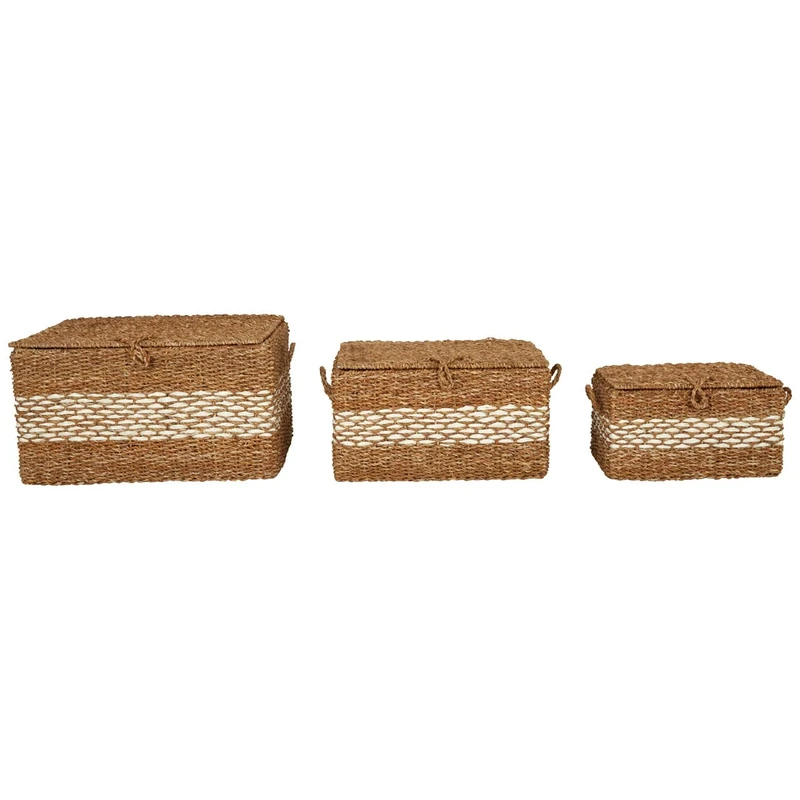 Premier Housewares Set Of Three Seagrass Baskets With Lids/Hamper Baskets for Gifts/Handwoven Picnic Baskets/Renewable Open Lid Picnic Basket/Rustic Charm Wicker Basket W60 x D45 x H33cm.