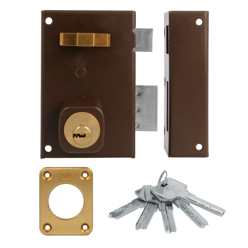 Amig - Surface Mounted Right-Hand Lock with Closing Lever | Latch and Handle for Wooden Doors | Model 75, 72 x 112 mm | Round Security Cylinder | Brown Steel