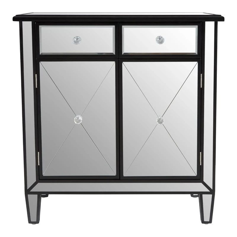 Premier Housewares Luxe Design Mirrored Sideboard With Reflective Statement Piece And Cut Glass Handles / 2 Drawers / 2 Cupboards / W74 x D45 x H77cm.