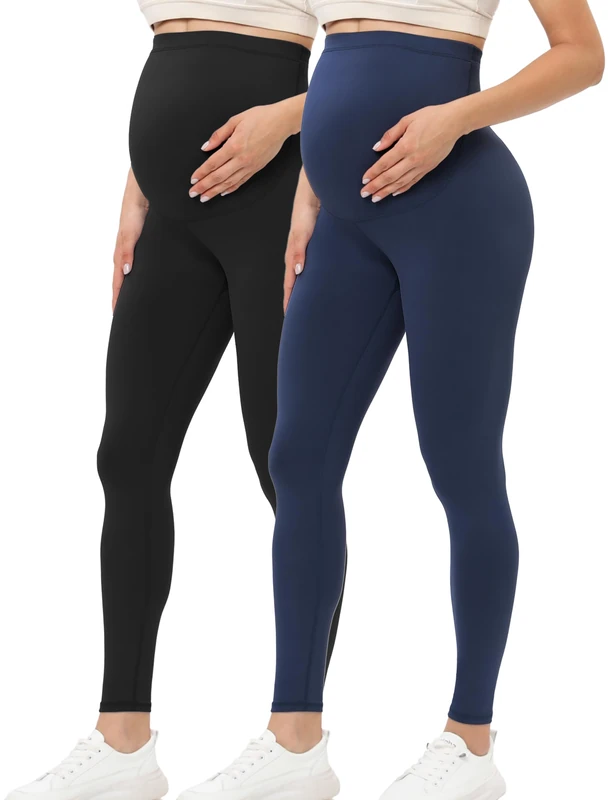 Buttergene Women's Maternity Leggings Over The Belly Pregnancy Active Wear Workout Yoga Tights Pants, 2pack Black/Navy, Medium