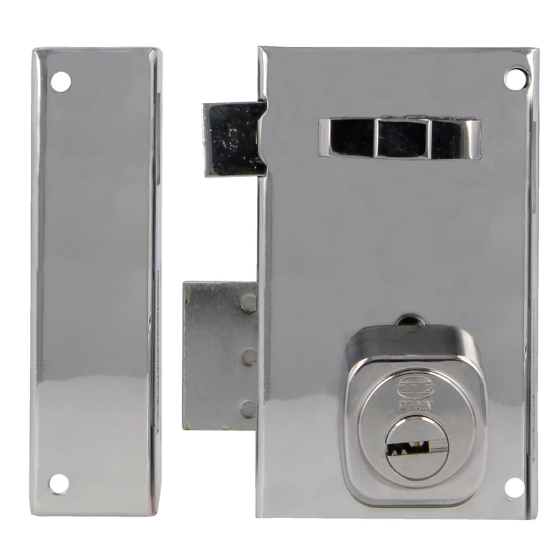 Amig - Left Overturn Lock with Locking Lever, Tongue and Handle for Wooden Doors Model 76 | 67 x 112 mm | Euro Profile Cylinder | Silver Steel