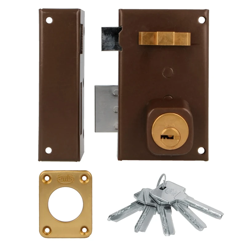 Amig - Surface Mounted Left-Hand Lock with Closing Lever | Latch and Handle for Wooden Doors | Model 75, 67 x 112 mm | Round Security Cylinder | Steel | Brown