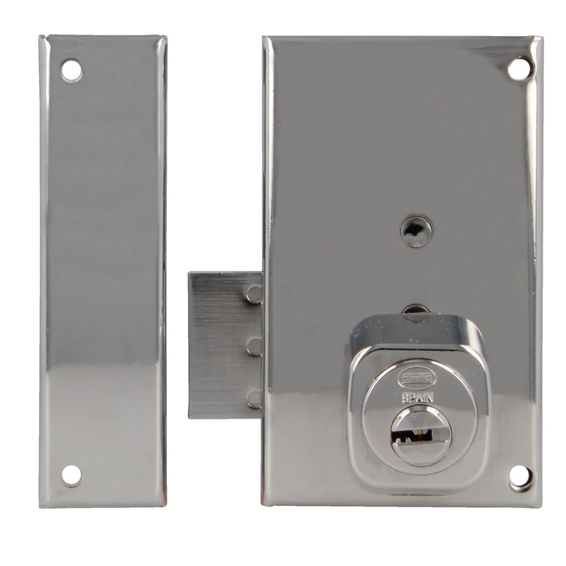 Amig - Left Overlap Lock with Lock Lever and Tab for Wooden Doors Mod. 75P | 67 x 112 mm | Round Security Cylinder | Silver Steel