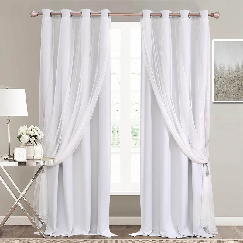 SOFJAGETQ 90 Inch Length Double-Layered Curtains- Mix and Match Blackout Curtains with White Sheer Voile for Bedroom and Living Room, 52 x 90 inch, Greyish White